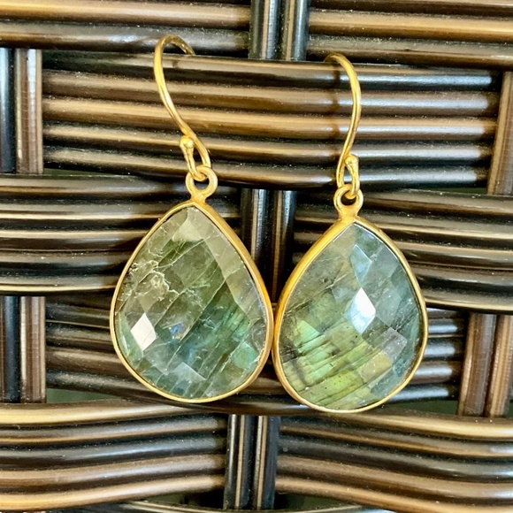 Natural Labradorite Gemstone & Gold Dangle Earrings - Picture 3 of 3